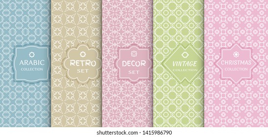 Set of seamless line patterns, colored background. Stylish decorative vintage, retro, arabic, christmas label decor set. Abstract geometric frame, vector illustration. Art Deco style, light colors