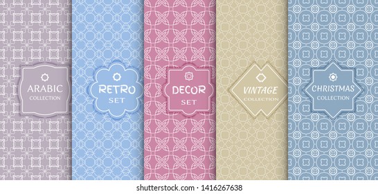 Set of seamless line patterns, colored background. Stylish decorative vintage, retro, arabic, christmas label decor set. Abstract geometric frame, vector illustration. Art Deco style, light colors
