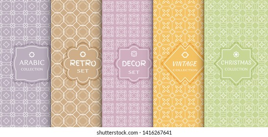 Set of seamless line patterns, colored background. Stylish decorative vintage, retro, arabic, christmas label decor set. Abstract geometric frame, vector illustration. Art Deco style, light colors