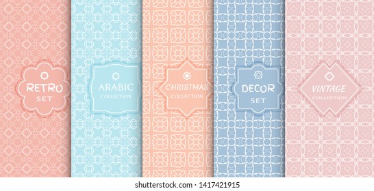 Set of seamless line patterns, colored background. Stylish decorative vintage, retro, arabic, christmas label decor set. Abstract geometric frame, vector illustration. Art Deco style, light colors