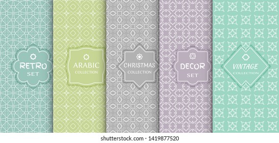 Set of seamless line patterns, colored background. Stylish decorative vintage, retro, arabic, christmas label decor set. Abstract geometric frame, vector illustration. Art Deco style, light colors
