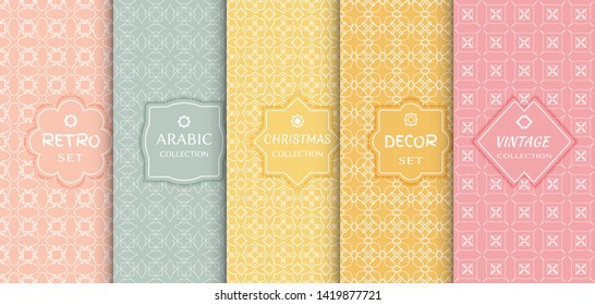 Set of seamless line patterns, colored background. Stylish decorative vintage, retro, arabic, christmas label decor set. Abstract geometric frame, vector illustration. Art Deco style, light colors