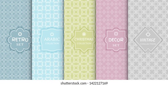 Set of seamless line patterns, colored background. Stylish decorative vintage, retro, arabic, christmas label decor set. Abstract geometric frame, vector illustration. Art Deco style, light colors
