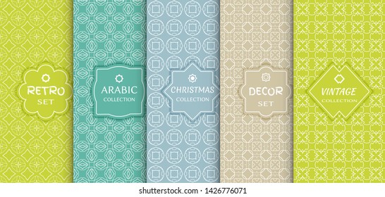 Set of seamless line patterns, colored background. Stylish decorative vintage, retro, arabic, christmas label decor set. Abstract geometric frame, vector illustration. Art Deco style, light colors