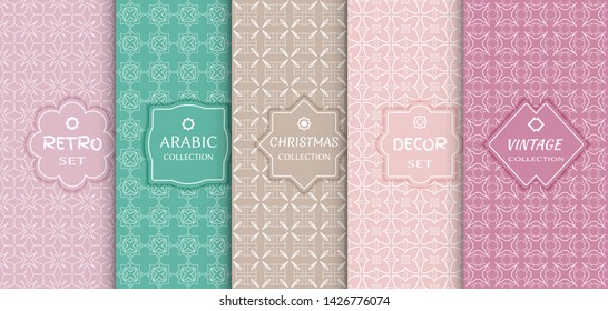 Set of seamless line patterns, colored background. Stylish decorative vintage, retro, arabic, christmas label decor set. Abstract geometric frame, vector illustration. Art Deco style, light colors