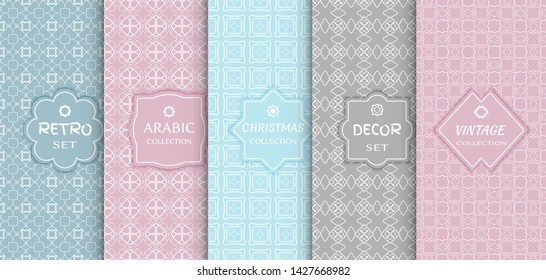 Set of seamless line patterns, colored background. Stylish decorative vintage, retro, arabic, christmas label decor set. Abstract geometric frame, vector illustration. Art Deco style, light colors