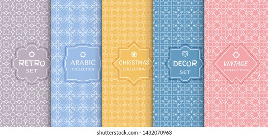 Set of seamless line patterns, colored background. Stylish decorative vintage, retro, arabic, christmas label decor set. Abstract geometric frame, vector illustration. Art Deco style, light colors