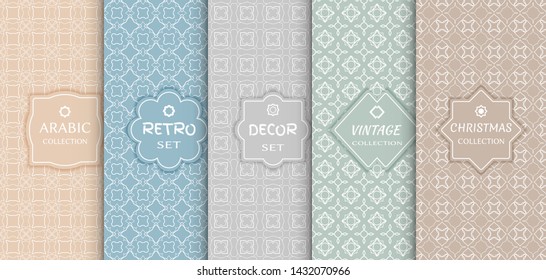 Set of seamless line patterns, colored background. Stylish decorative vintage, retro, arabic, christmas label decor set. Abstract geometric frame, vector illustration. Art Deco style, light colors