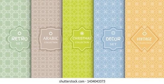 Set of seamless line patterns, colored background. Stylish decorative vintage, retro, arabic, christmas label decor set. Abstract geometric frame, vector illustration. Art Deco style, light colors
