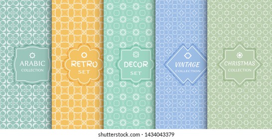 Set of seamless line patterns, colored background. Stylish decorative vintage, retro, arabic, christmas label decor set. Abstract geometric frame, vector illustration. Art Deco style, light colors