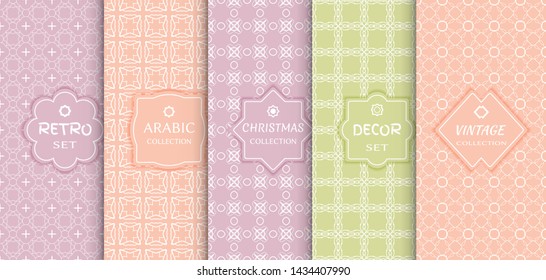 Set of seamless line patterns, colored background. Stylish decorative vintage, retro, arabic, christmas label decor set. Abstract geometric frame, vector illustration. Art Deco style, light colors