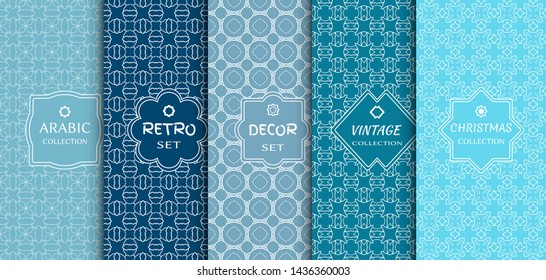 Set of seamless line patterns, colored background. Stylish decorative vintage, retro, arabic, christmas label decor set. Abstract geometric frame, vector illustration. Art Deco style, light colors
