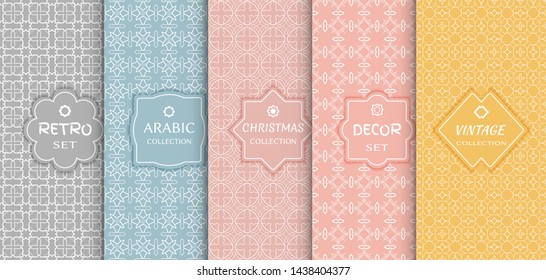 Set of seamless line patterns, colored background. Stylish decorative vintage, retro, arabic, christmas label decor set. Abstract geometric frame, vector illustration. Art Deco style, light colors