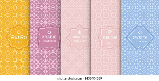 Set of seamless line patterns, colored background. Stylish decorative vintage, retro, arabic, christmas label decor set. Abstract geometric frame, vector illustration. Art Deco style, light colors