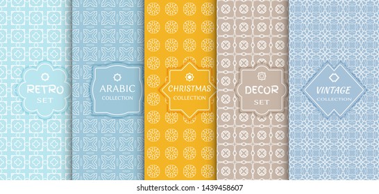 Set of seamless line patterns, colored background. Stylish decorative vintage, retro, arabic, christmas label decor set. Abstract geometric frame, vector illustration. Art Deco style, light colors