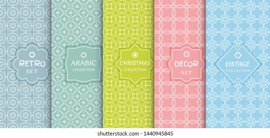 Set of seamless line patterns, colored background. Stylish decorative vintage, retro, arabic, christmas label decor set. Abstract geometric frame, vector illustration. Art Deco style, light colors