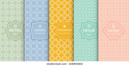 Set of seamless line patterns, colored background. Stylish decorative vintage, retro, arabic, christmas label decor set. Abstract geometric frame, vector illustration. Art Deco style, light colors