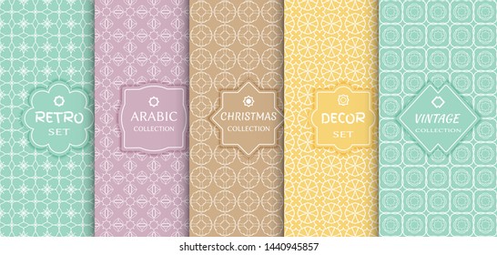 Set of seamless line patterns, colored background. Stylish decorative vintage, retro, arabic, christmas label decor set. Abstract geometric frame, vector illustration. Art Deco style, light colors