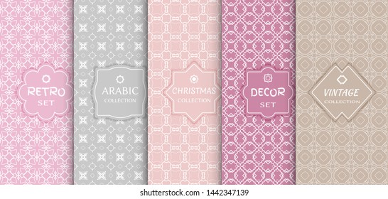 Set of seamless line patterns, colored background. Stylish decorative vintage, retro, arabic, christmas label decor set. Abstract geometric frame, vector illustration. Art Deco style, light colors