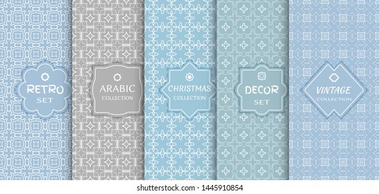 Set of seamless line patterns, colored background. Stylish decorative vintage, retro, arabic, christmas label decor set. Abstract geometric frame, vector illustration. Art Deco style, light colors