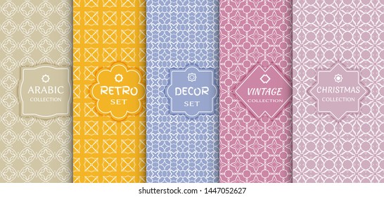 Set of seamless line patterns, colored background. Stylish decorative vintage, retro, arabic, christmas label decor set. Abstract geometric frame, vector illustration. Art Deco style, light colors