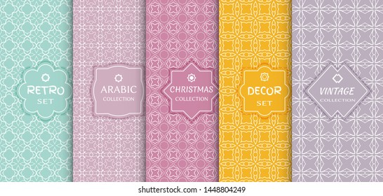 Set of seamless line patterns, colored background. Stylish decorative vintage, retro, arabic, christmas label decor set. Abstract geometric frame, vector illustration. Art Deco style, light colors