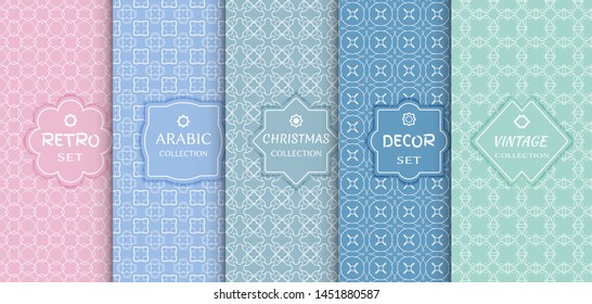Set of seamless line patterns, colored background. Stylish decorative vintage, retro, arabic, christmas label decor set. Abstract geometric frame, vector illustration. Art Deco style, light colors