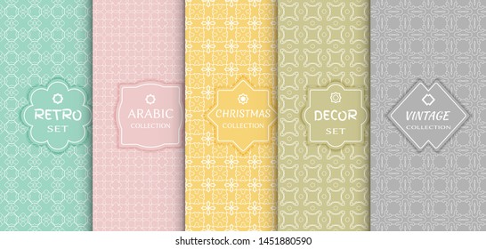 Set of seamless line patterns, colored background. Stylish decorative vintage, retro, arabic, christmas label decor set. Abstract geometric frame, vector illustration. Art Deco style, light colors