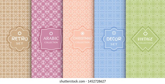 Set of seamless line patterns, colored background. Stylish decorative vintage, retro, arabic, christmas label decor set. Abstract geometric frame, vector illustration. Art Deco style, light colors