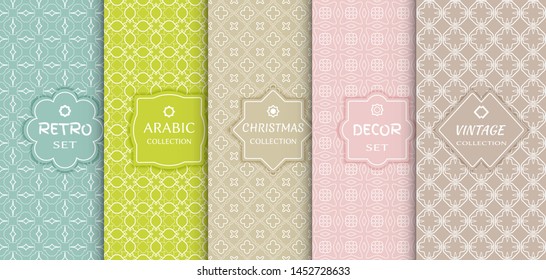 Set of seamless line patterns, colored background. Stylish decorative vintage, retro, arabic, christmas label decor set. Abstract geometric frame, vector illustration. Art Deco style, light colors