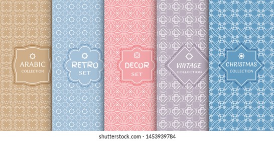 Set of seamless line patterns, colored background. Stylish decorative vintage, retro, arabic, christmas label decor set. Abstract geometric frame, vector illustration. Art Deco style, light colors