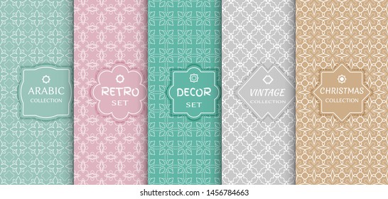 Set of seamless line patterns, colored background. Stylish decorative vintage, retro, arabic, christmas label decor set. Abstract geometric frame, vector illustration. Art Deco style, light colors