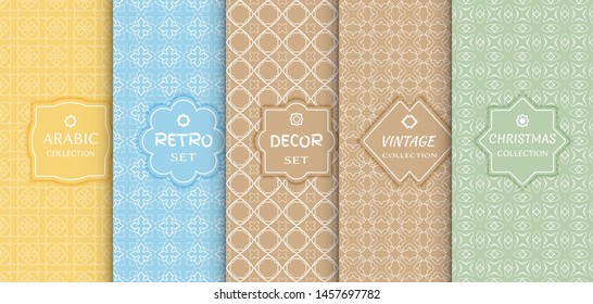 Set of seamless line patterns, colored background. Stylish decorative vintage, retro, arabic, christmas label decor set. Abstract geometric frame, vector illustration. Art Deco style, light colors