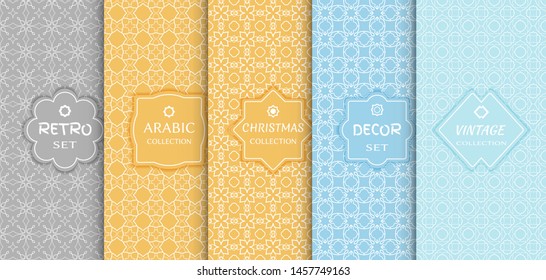 Set of seamless line patterns, colored background. Stylish decorative vintage, retro, arabic, christmas label decor set. Abstract geometric frame, vector illustration. Art Deco style, light colors