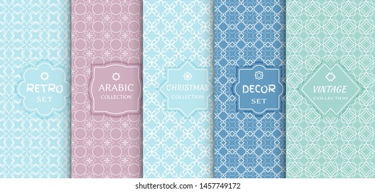 Set of seamless line patterns, colored background. Stylish decorative vintage, retro, arabic, christmas label decor set. Abstract geometric frame, vector illustration. Art Deco style, light colors