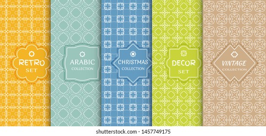 Set of seamless line patterns, colored background. Stylish decorative vintage, retro, arabic, christmas label decor set. Abstract geometric frame, vector illustration. Art Deco style, light colors