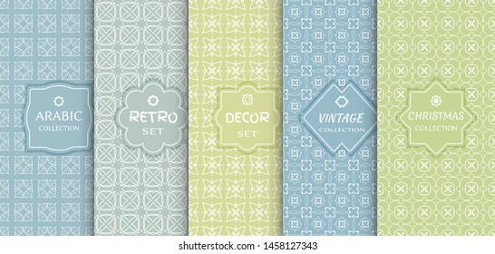 Set of seamless line patterns, colored background. Stylish decorative vintage, retro, arabic, christmas label decor set. Abstract geometric frame, vector illustration. Art Deco style, light colors