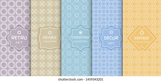 Set of seamless line patterns, colored background. Stylish decorative vintage, retro, arabic, christmas label decor set. Abstract geometric frame, vector illustration. Art Deco style, light colors