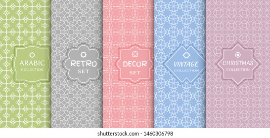 Set of seamless line patterns, colored background. Stylish decorative vintage, retro, arabic, christmas label decor set. Abstract geometric frame, vector illustration. Art Deco style, light colors