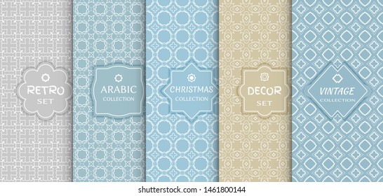 Set of seamless line patterns, colored background. Stylish decorative vintage, retro, arabic, christmas label decor set. Abstract geometric frame, vector illustration. Art Deco style, light colors