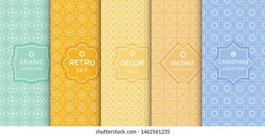Set of seamless line patterns, colored background. Stylish decorative vintage, retro, arabic, christmas label decor set. Abstract geometric frame, vector illustration. Art Deco style, light colors