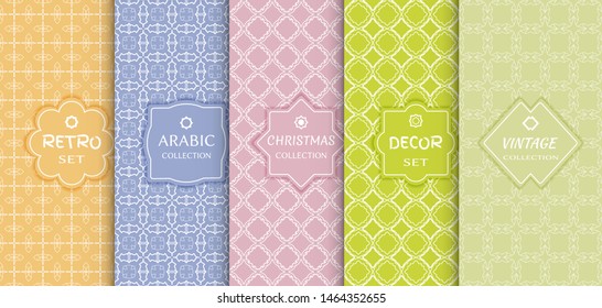 Set of seamless line patterns, colored background. Stylish decorative vintage, retro, arabic, christmas label decor set. Abstract geometric frame, vector illustration. Art Deco style, light colors