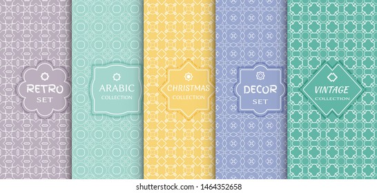 Set of seamless line patterns, colored background. Stylish decorative vintage, retro, arabic, christmas label decor set. Abstract geometric frame, vector illustration. Art Deco style, light colors