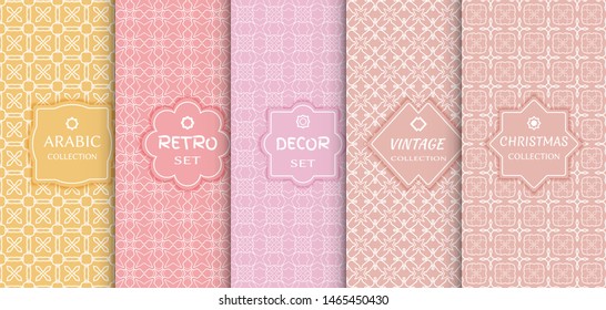 Set of seamless line patterns, colored background. Stylish decorative vintage, retro, arabic, christmas label decor set. Abstract geometric frame, vector illustration. Art Deco style, light colors
