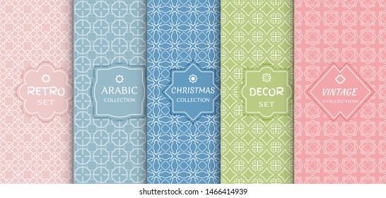 Set of seamless line patterns, colored background. Stylish decorative vintage, retro, arabic, christmas label decor set. Abstract geometric frame, vector illustration. Art Deco style, light colors