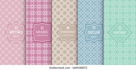 Set of seamless line patterns, colored background. Stylish decorative vintage, retro, arabic, christmas label decor set. Abstract geometric frame, vector illustration. Art Deco style, light colors