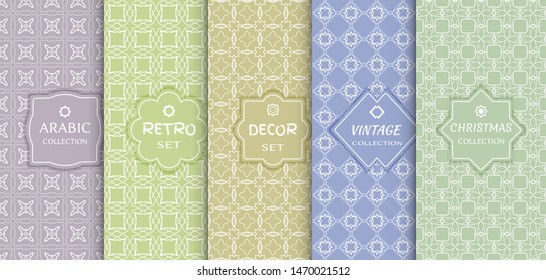 Set of seamless line patterns, colored background. Stylish decorative vintage, retro, arabic, christmas label decor set. Abstract geometric frame, vector illustration. Art Deco style, light colors