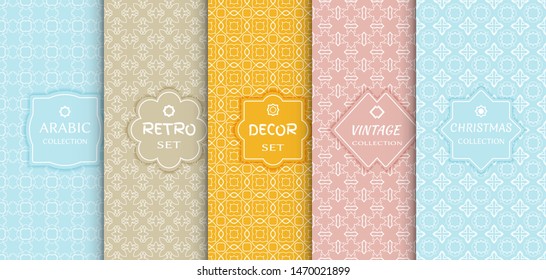 Set of seamless line patterns, colored background. Stylish decorative vintage, retro, arabic, christmas label decor set. Abstract geometric frame, vector illustration. Art Deco style, light colors