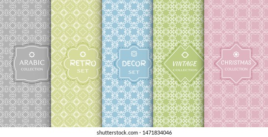Set of seamless line patterns, colored background. Stylish decorative vintage, retro, arabic, christmas label decor set. Abstract geometric frame, vector illustration. Art Deco style, light colors