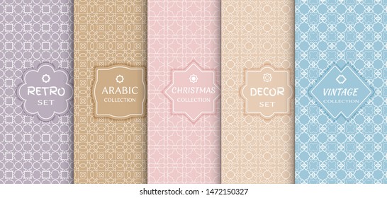 Set of seamless line patterns, colored background. Stylish decorative vintage, retro, arabic, christmas label decor set. Abstract geometric frame, vector illustration. Art Deco style, light colors